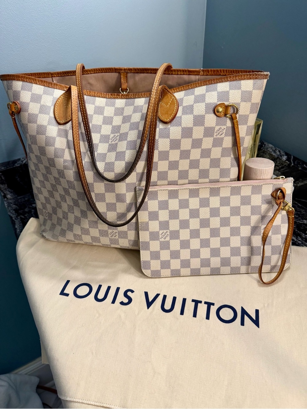 Louis Vuitton Damier Azur Neverfull MM Tote + Pochette (Pouch) + Dust Bag